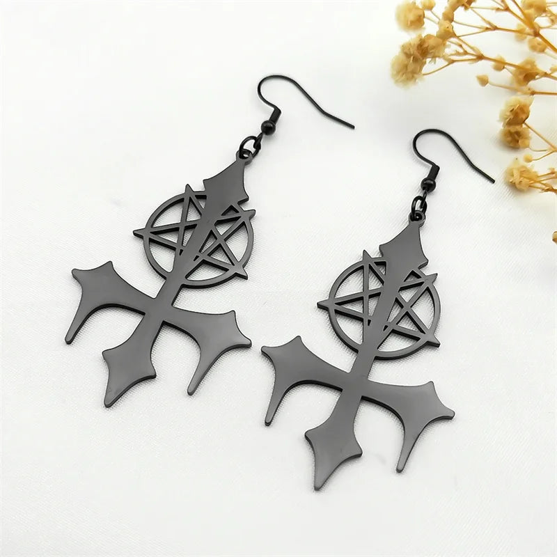 Goth Pentagram Sigil Satan Cross Hoop Earrings for Women Stainless Steel Silver Color Big Lucifer Star Earrings Jewelry