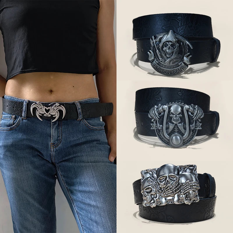 New Men's Trendy Belt Fashion Dark Style Personalized Skull Youth Punk Belt For Women Street Hip Hop Gothic  Jeans Waistband