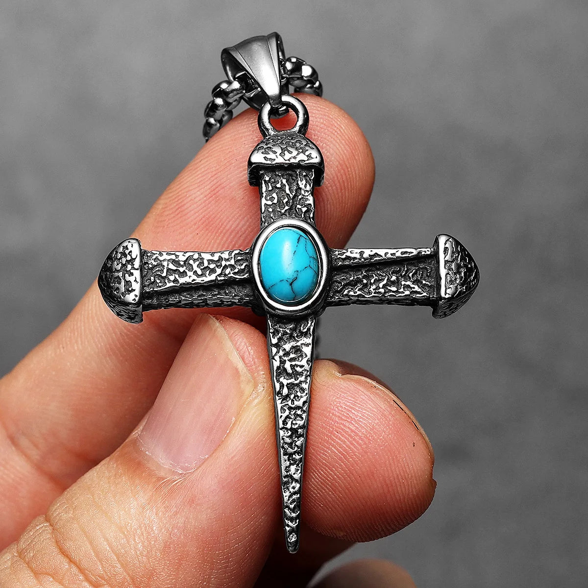 PENDRA Skull Turquoise Cross Steel Necklace