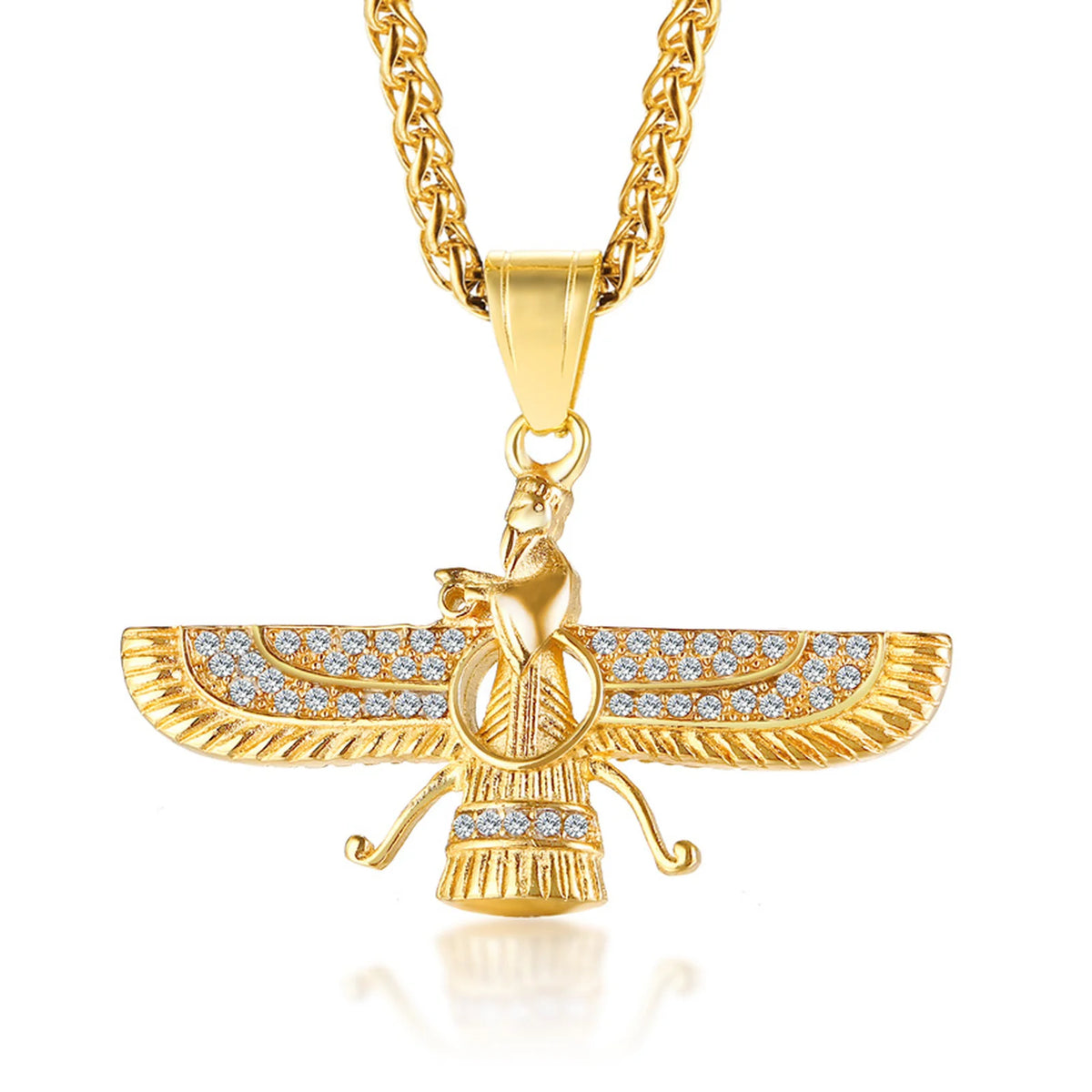 Faravahar Zoroastrian Pendant Necklace for Men,Stainless Steel Winged Eagle Amulet with CZ Stones,Hip Hop Religious Jewelry Gift