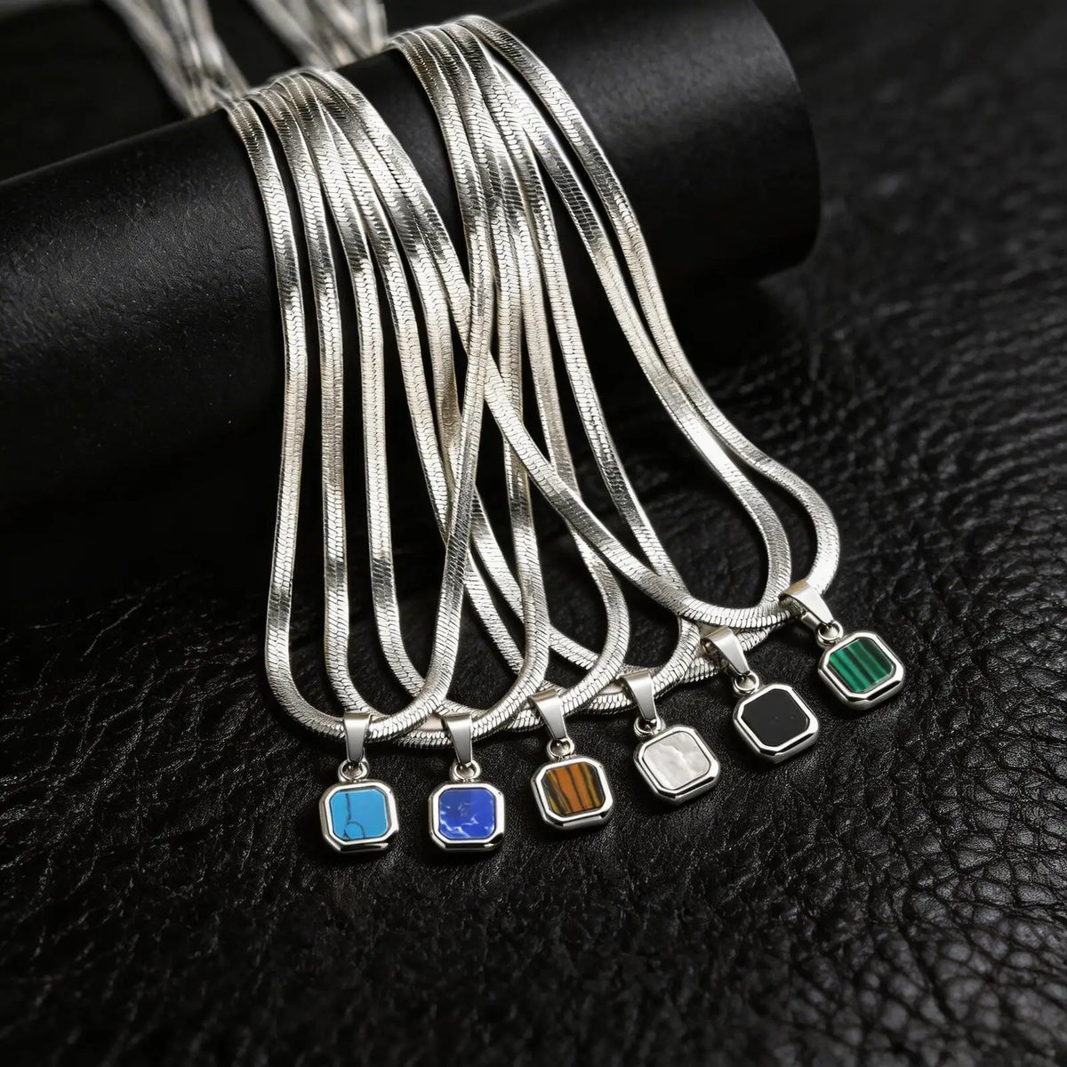 Men's Small Geometric Natural Stone Necklaces,Stylish Stainless Steel Flat Cuban Chain Collars,Hip-hop Punk Jewelry Gift