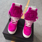 PENDRA Rose Fur Rose-Red Horsehair Leather High-Top Zip Platform Ankle Boots