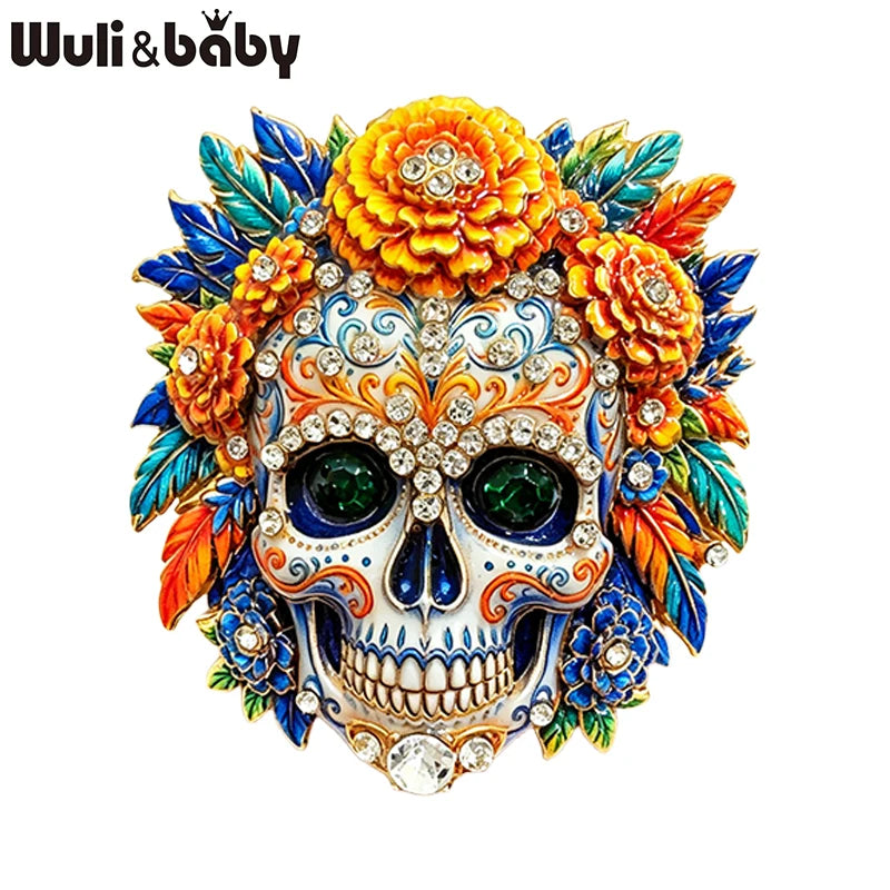 Wuli&baby Flowers Sugar Skull Brooches For Women Unisex 2-color Rhinestone Lovely Skeleton Face Party Casual Brooch Pins Gifts