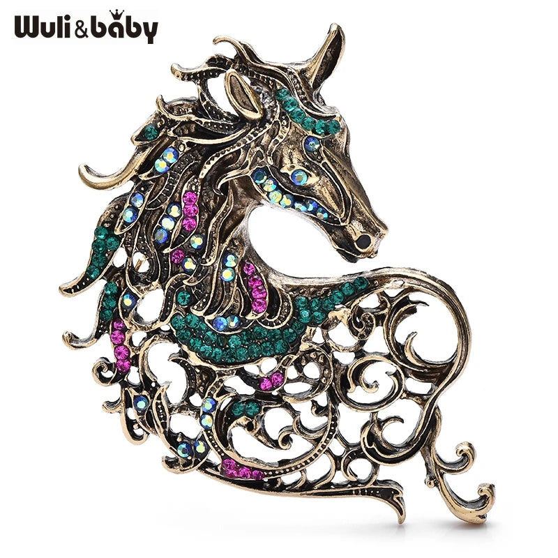 Wuli&baby Vintage Hollow out Handsome Unicorn Horse Brooch Multi color Crystal Horsehair Metal Badge Pin Jewelry Accessory