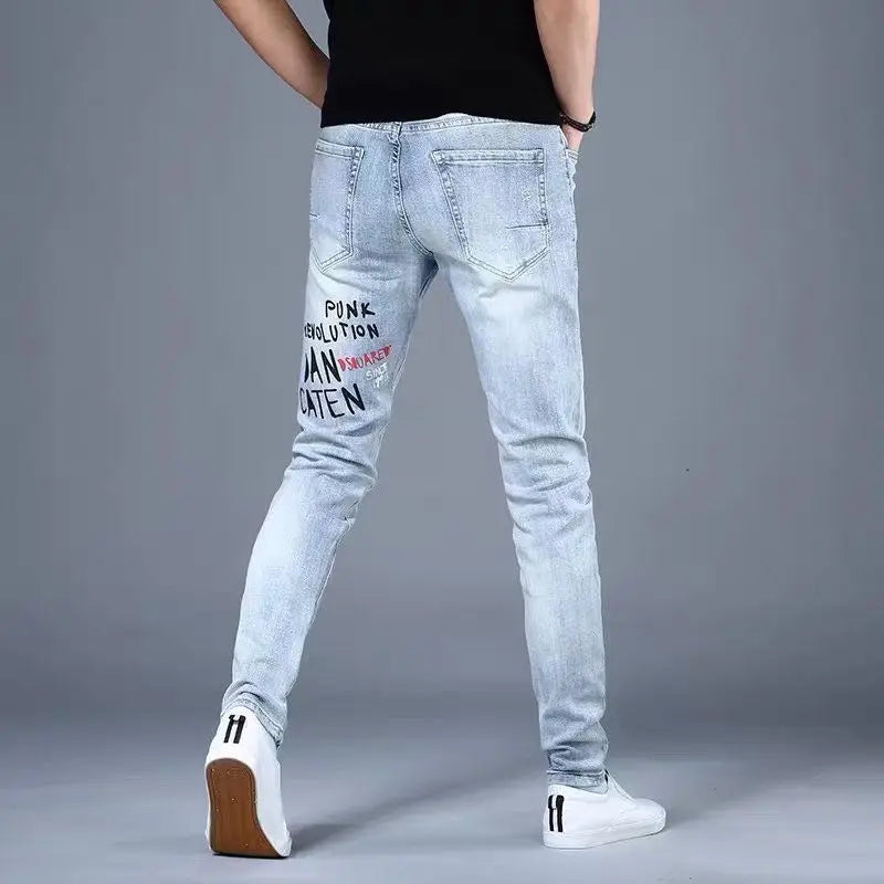 2025 Summer Ripped Jeans Men's Slim-fitting Small Feet Elastic Trousers Trendy Brand Fashion Scratched Patch Cargo Beggar Pants