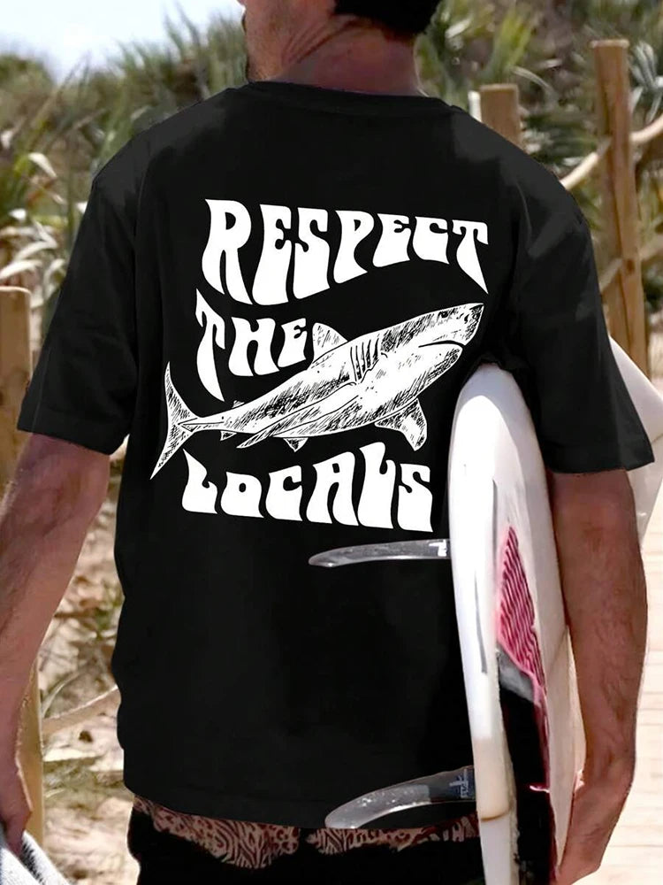 Summer Outdoor Casual Men's T-shirt Seaside Surf Men's Short Sleeve Letter Shark Print Men's T-shirt Daily Street Fashion T-shir