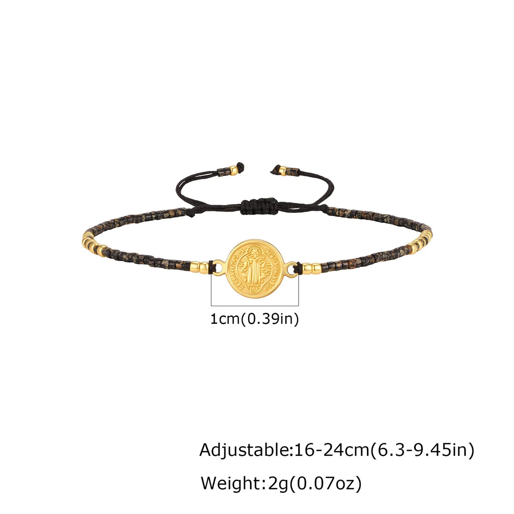Saint Benedict Mini Beaded Bracelets for Men,Stainless Steel Round Charm Adjustable Rope Wristband,Bohemian Religious Jewelry
