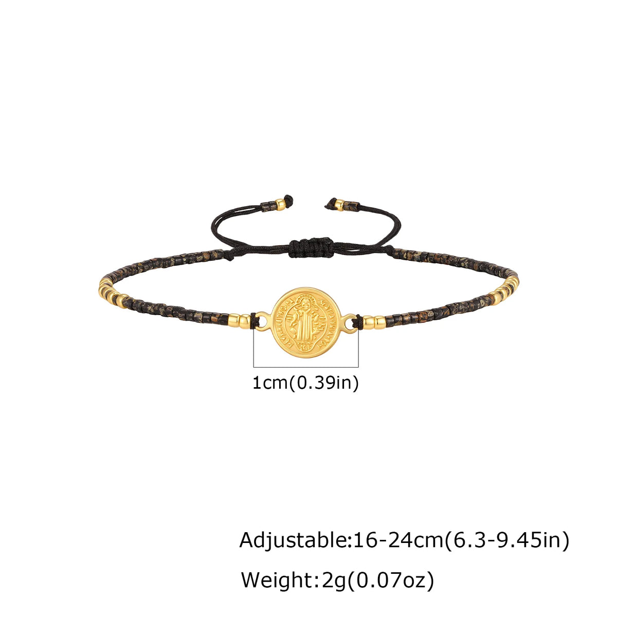 Saint Benedict Mini Beaded Bracelets for Men,Stainless Steel Round Charm Adjustable Rope Wristband,Bohemian Religious Jewelry