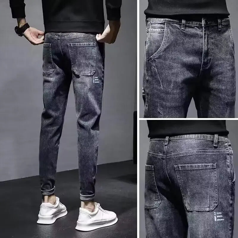 Autumn 2025 New Jeans Men's Trendy Brand Retro Casual Trousers Student Fashion Printing Elastic Skinny Jeans Men Trousers