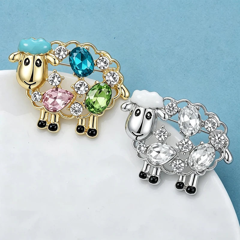 Wuli&baby Cute Crystal Sheep Brooches For Women Unisex 2-color Enamel Year Of The Goat Animal Party Casual Brooch Pins Gifts