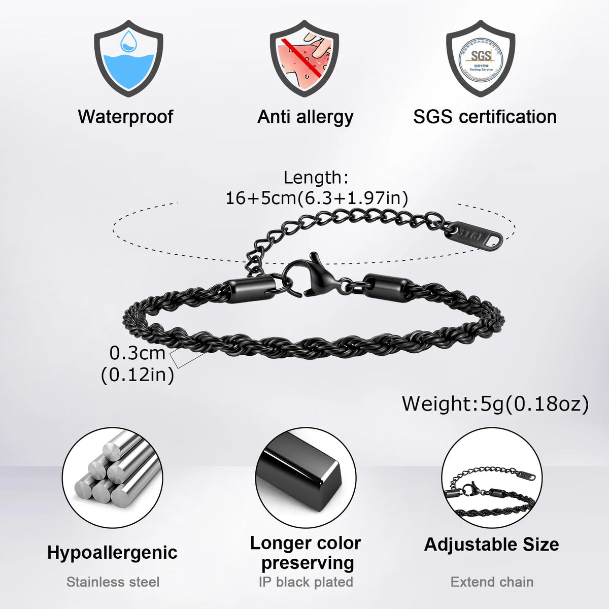 316L Twisted Rope Chain Bracelet for Men Women,  Adjustable Stainless Steel Chain Wristband,Minimalist Casual Jewelry Gift