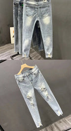Luxury Fashion Designer Clothes Ripped Jeans Men's Trendy Brand 2025 Summer Ruffian Handsome Slim-fit Pants Elastic Thin Pants
