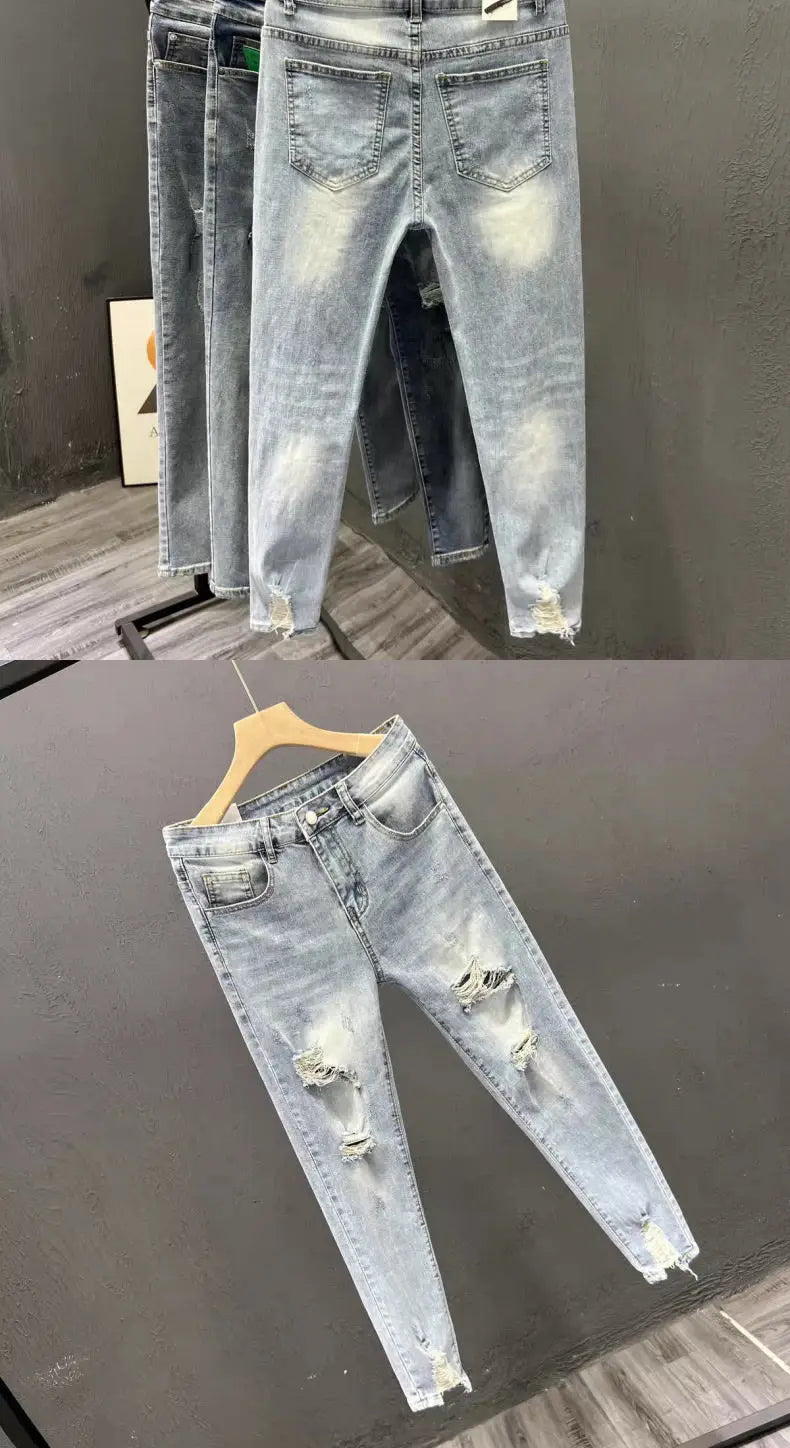 Luxury Fashion Designer Clothes Ripped Jeans Men's Trendy Brand 2025 Summer Ruffian Handsome Slim-fit Pants Elastic Thin Pants