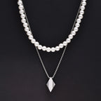 Minimalist Stainless Steel Geometric Rhombus Necklace for Men, Stacking 8MM Simulated Pearl Beads Chain Collar