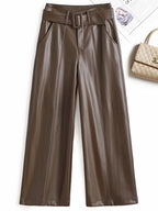 PENDRA Belted High Waist Straight PU Leather Pants