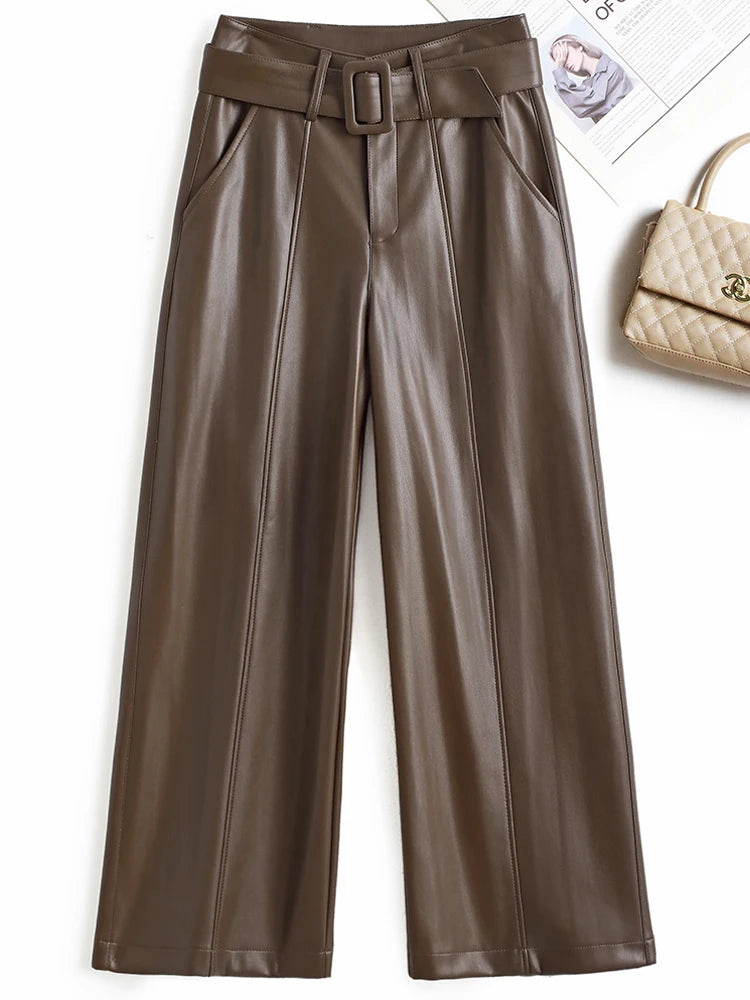 PENDRA Belted High Waist Straight PU Leather Pants
