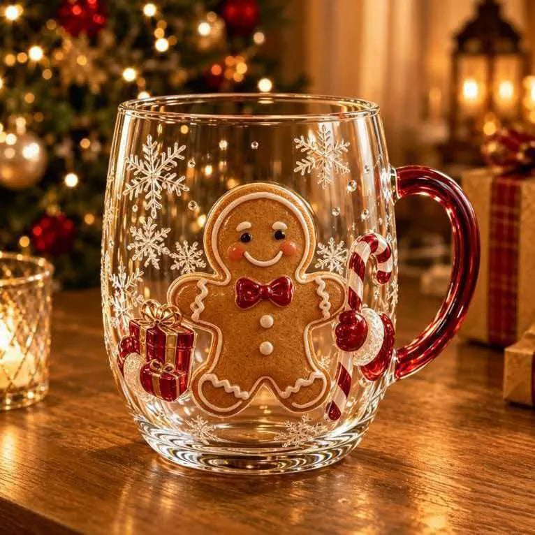 PENDRA Snowman Reindeer Double-Wall Red-Handle Glass Mug