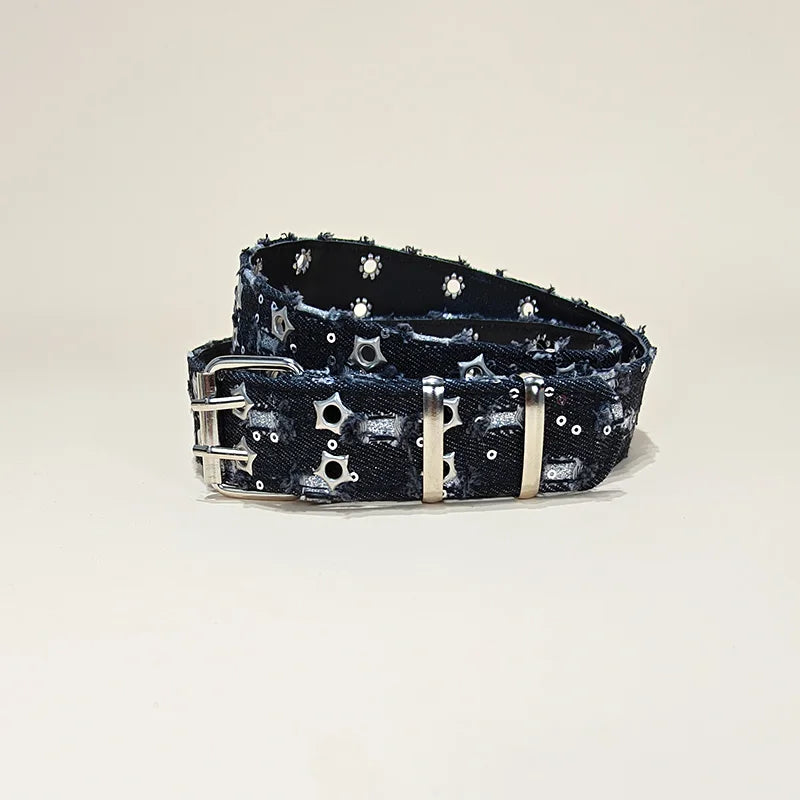 Punk Star Eyelet Denim Fabric Belts For Women High-end Luxury Brand Unisex Jeans Retro Gothic Belt Blue Waistband Y2K Pink Belt