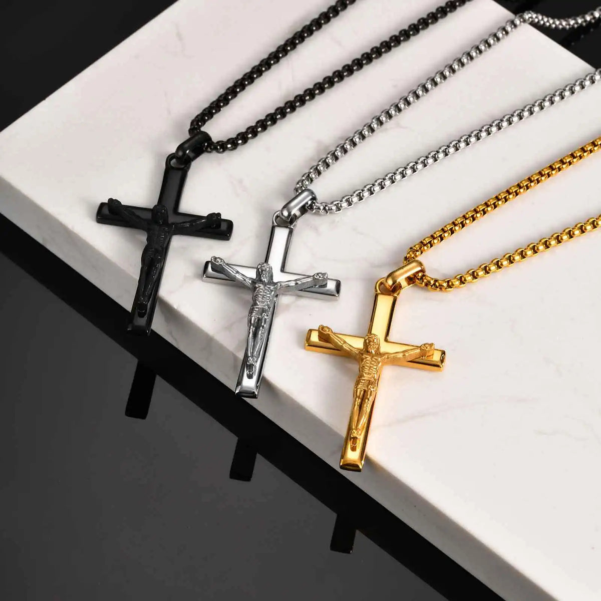 Waterproof Crucifix Cross Necklace for Men Boys,Stainless Steel Catholic Cross Pendant Necklace ,Religious Belief Jewelry Gift