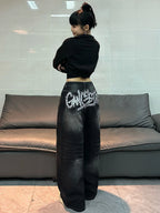 American Vintage Distressed Washed Letter Embroidery Loose Jeans Y2K Street Fashion Versatile Black Wide-Leg Pants For Women