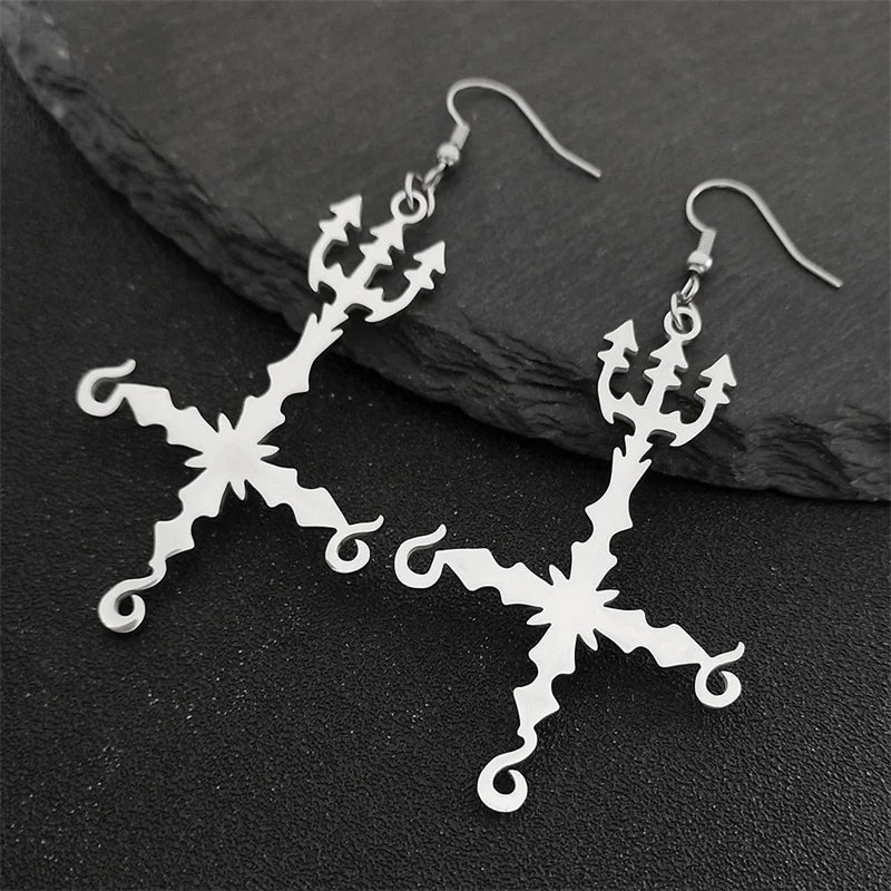 Heavy Metal 666 Music Band Drop Earrings Stainless Steel Black Color Sigil Church of Satan Fork Cross Dangle Earring Jewelry