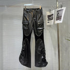 Fashion Casual Rivet PU Leather Trouesrs Women Drawstring Designe Pockets Motorcycle Black Bell-bottoms Street Flared Pants