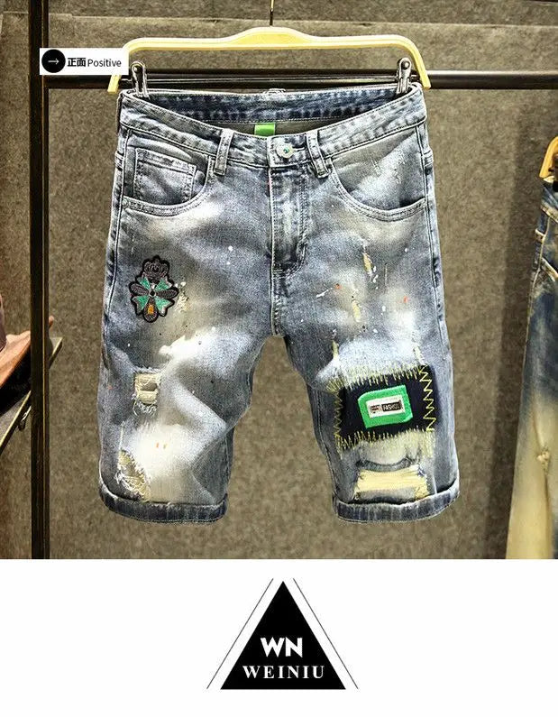 Summer Luxury Trendy Brand Denim Shorts Men's Pants Ripped Slim-fitting Elastic Washed Japanese Embroidery Patch Medium Pants