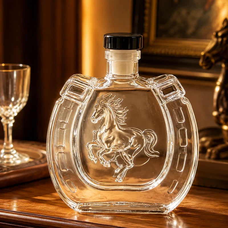 Clear Horseshoe Shaped Liquor Decanter 350ML Embossed Horse Glass Wine Bottle Whisky Container Home Bar Decoration