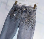 European Fashion New Heavy Industry Full Diamond Rhinestone Flash Denim Pants Women's Jeans Blue 2024 Spring Summer