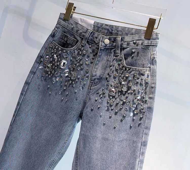 European Fashion New Heavy Industry Full Diamond Rhinestone Flash Denim Pants Women's Jeans Blue 2024 Spring Summer