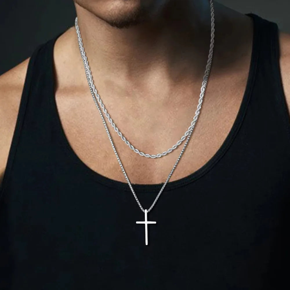 Trendy Cross Necklace for Men Boys,Simple Stainless Steel Cross Pendant Necklaces,Male Jewelry Sets