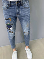 Luxury Brand Men's Slim Denim Jeans Casual Pencil Pants with Embroidery 2024 New Korean Fashion Autumn Summer Blue Long Pants