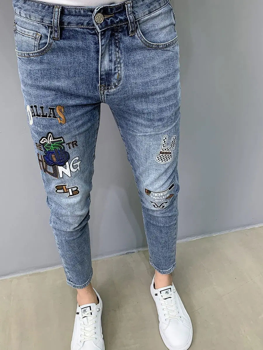 Luxury Brand Men's Slim Denim Jeans Casual Pencil Pants with Embroidery 2024 New Korean Fashion Autumn Summer Blue Long Pants