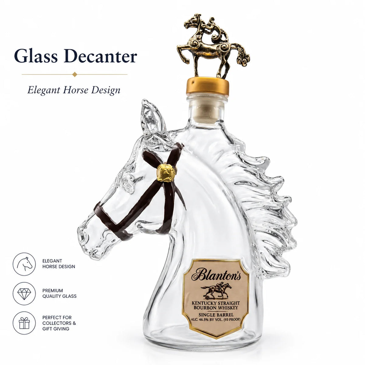 Blanton's Horse Head Shaped Crystal Whiskey Decanter, Bronze Horse Rider Stopper Liquor Bottle, Kentucky Bourbon Spirits Storage