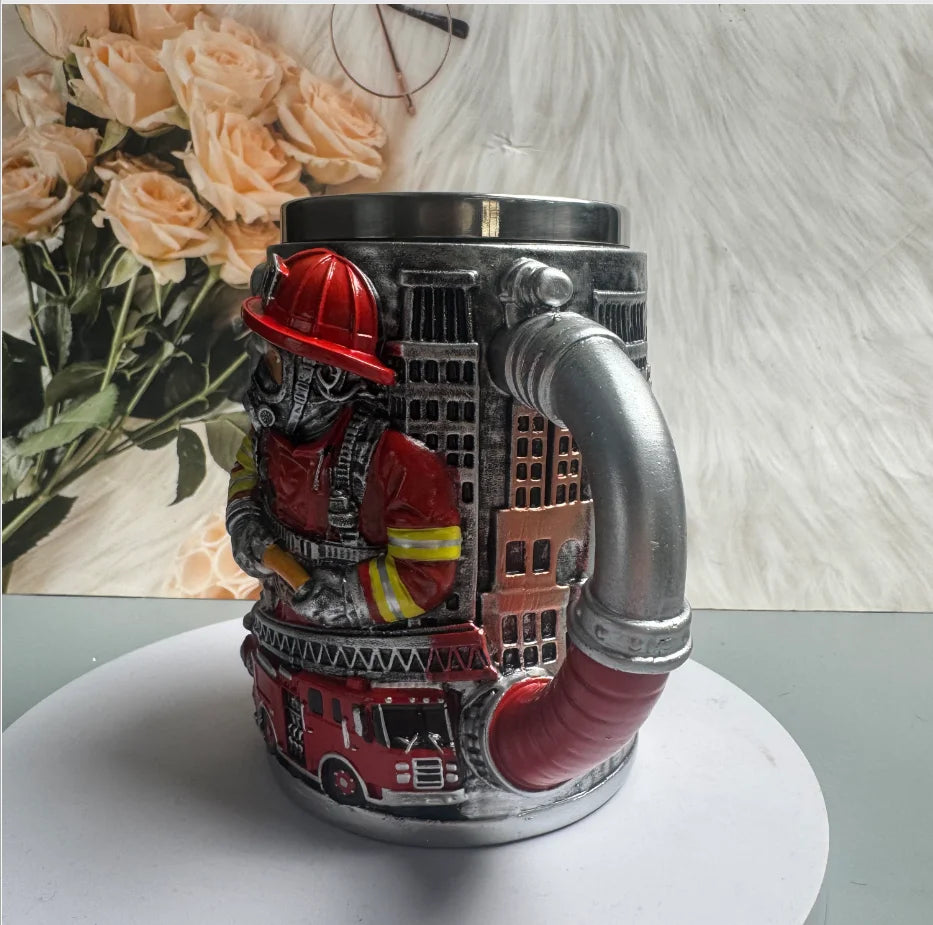 3D Firefighter Resin Mug Creative Fireman Coffee Cup with Hose Handle Fire Truck Relief Collectible Gift