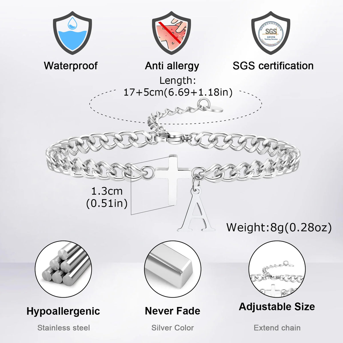 Men's Initials Cross Bracelets,Never Fade A-Z 26 Letters Stainless Steel Chain Links Cross Wristband,Stylish Simple Jewelry Gift