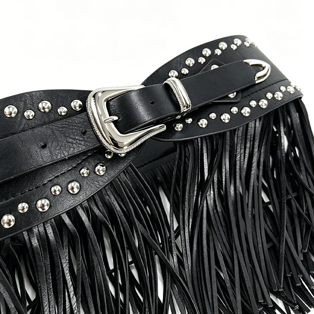 Vintage Punk Style Long Tassel Gothic Design PU Leather Belts For Woman Y2K Harajuku Personality Street Spice Girl Wide Belt