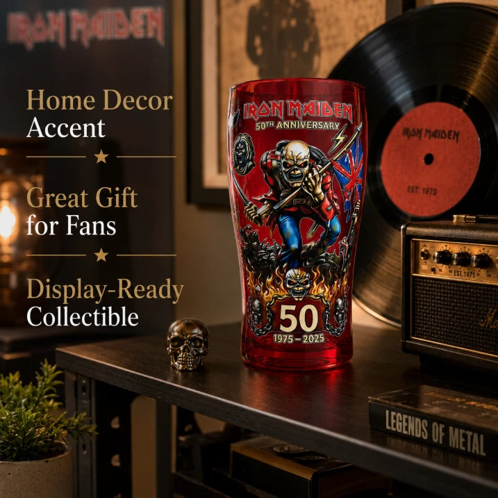 Iron Maiden 50th Anniversary Themed Pint Glass Heavy Metal Rock Band Inspired Beer Cup Collectible Drinkware for Bar Home Party