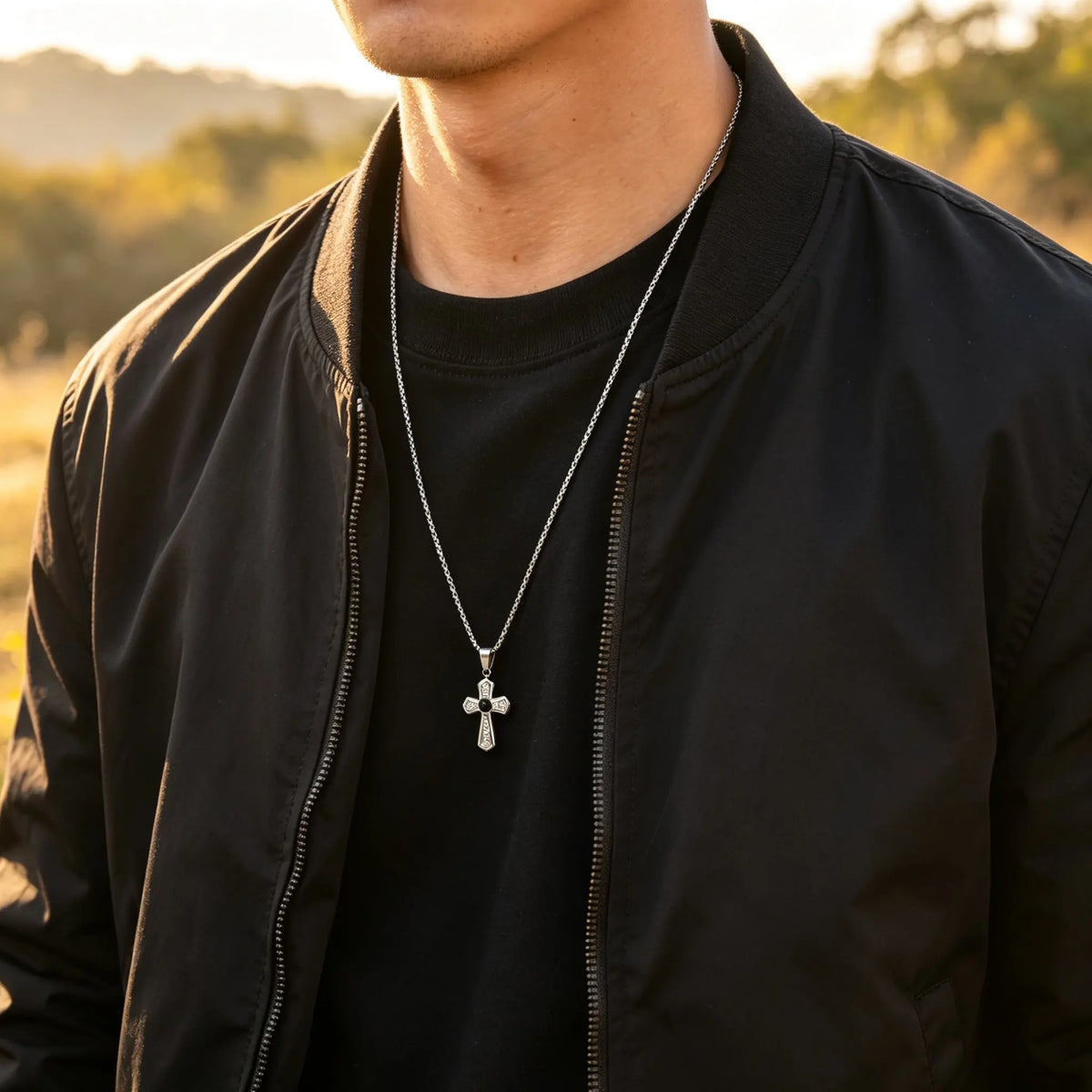 Stylish Black Natural Stone Cross Pendant Neckalce for Men,Stainless Steel Gothic Black Onyx Cross Charm Necklace Jewelry Gift