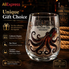 Kraken Octopus Whiskey Glass Vintage Nautical Compass Print Lowball Tumbler Heavy Clear Crystal Spirits Cup Unique Sea Monster