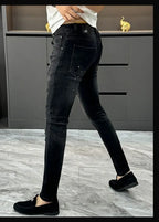 Designer Jeans Man High Quality Men's Scraped Black Jeans Autumn Winter Splashing Ink Slim-fit Pants Handsome Casual Long Pants