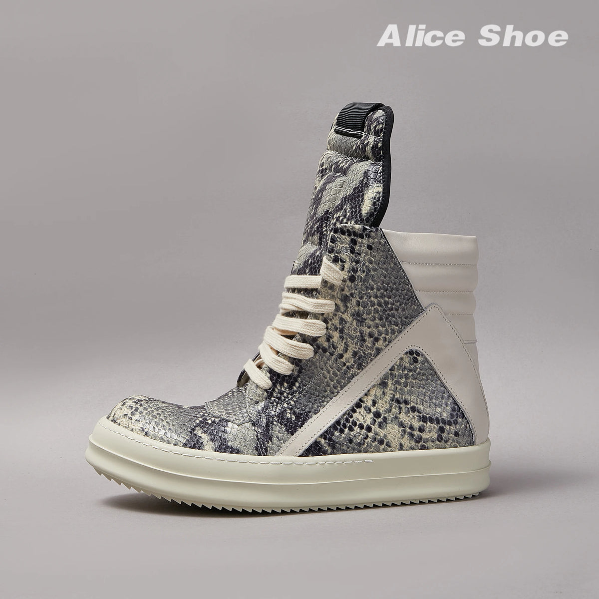 PENDRA Python Ash Grey Python-Embossed Leather High-Top Platform Ankle Boots