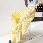 Milk yellow lace patchwork ripped jeans women's summer new high waisted drawstring star embroidered design wide leg pants