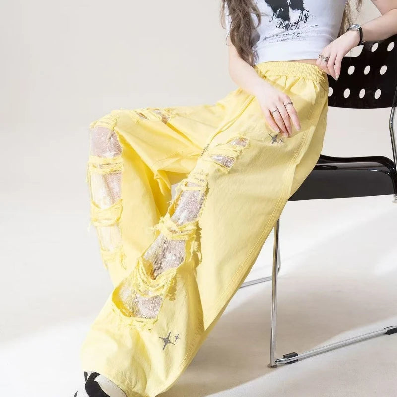 Milk yellow lace patchwork ripped jeans women's summer new high waisted drawstring star embroidered design wide leg pants