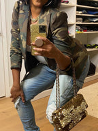 Camouflage Printed Double Breasted Jacket, Casual Long Sleeved Lapel Open Top, Suitable For Spring And Autumn, Women's Clothing