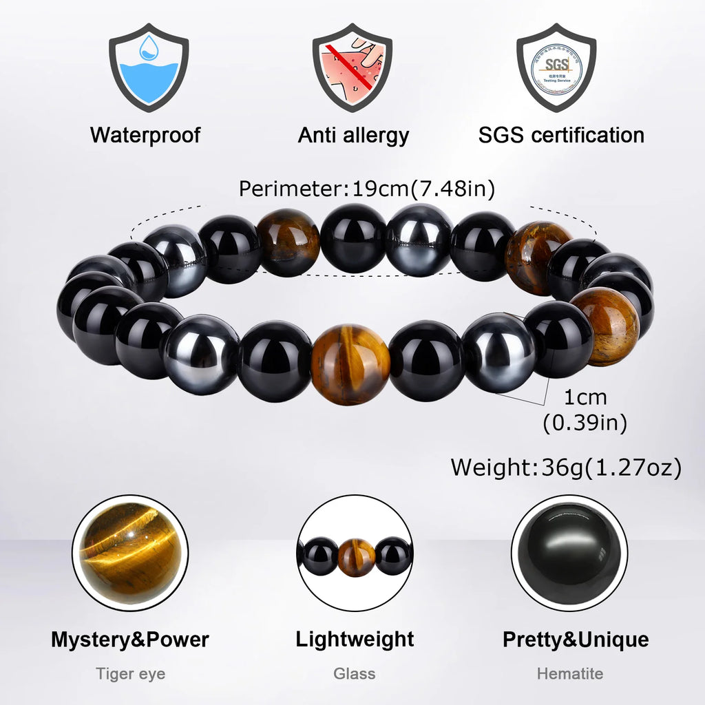 6/8/10mm Black Natural Stone Beaded Bracelets for Men,Obsidian Hematite Tiger Eye Beads Bracelets,Health Protection Soul Jewelry