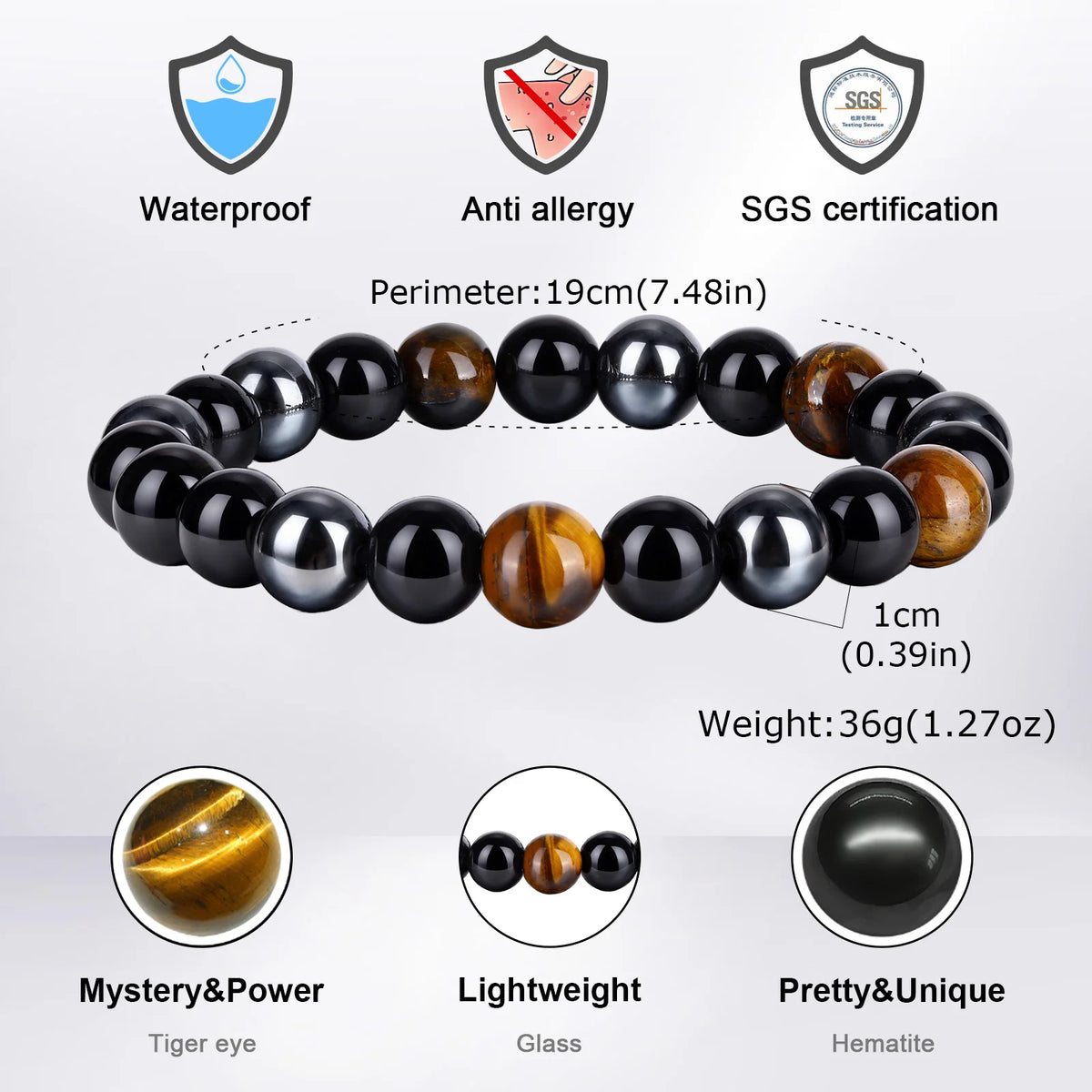 6/8/10mm Black Natural Stone Beaded Bracelets for Men,Obsidian Hematite Tiger Eye Beads Bracelets,Health Protection Soul Jewelry