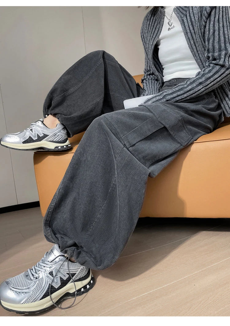Corduroy cargo wide leg pants women in winter 2025 new high waisted loose fit slimming and ankle tied casual pants