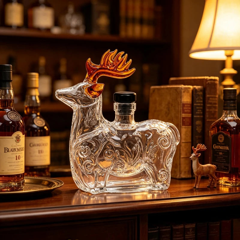 Creative Reindeer Shaped Liquor Decanter Clear Glass Alcohol Bottle with Black Stopper for Bar Cabinet Display