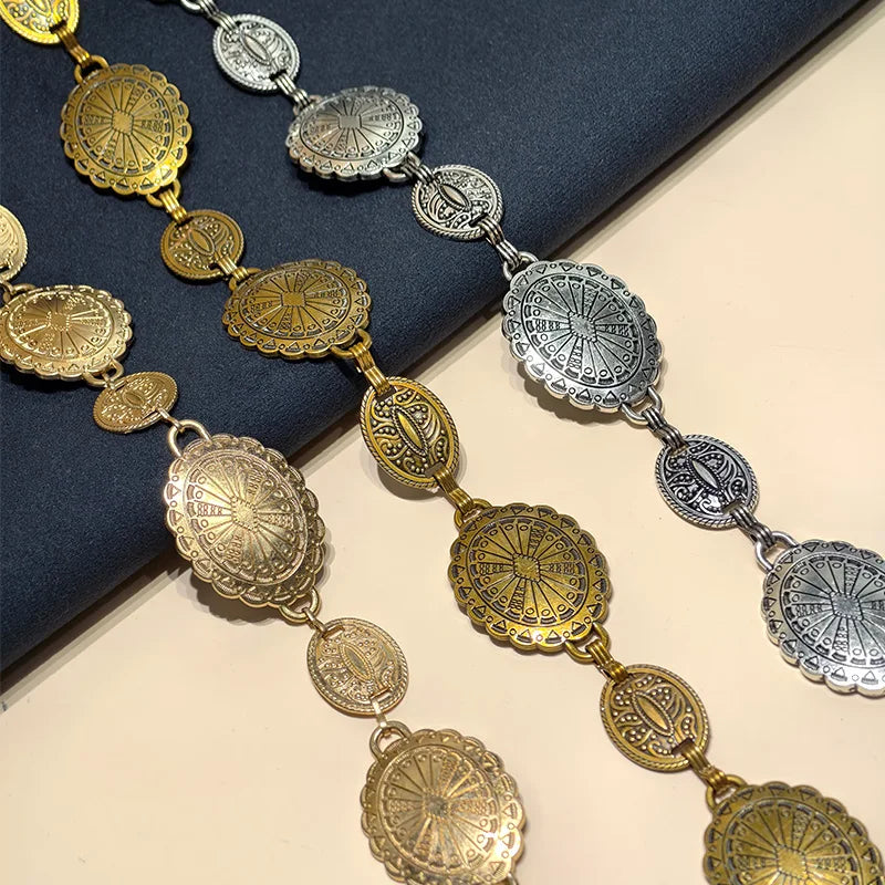 Retro style women's metal waist chain accessories Decorative circle carved chain belt high style accessories